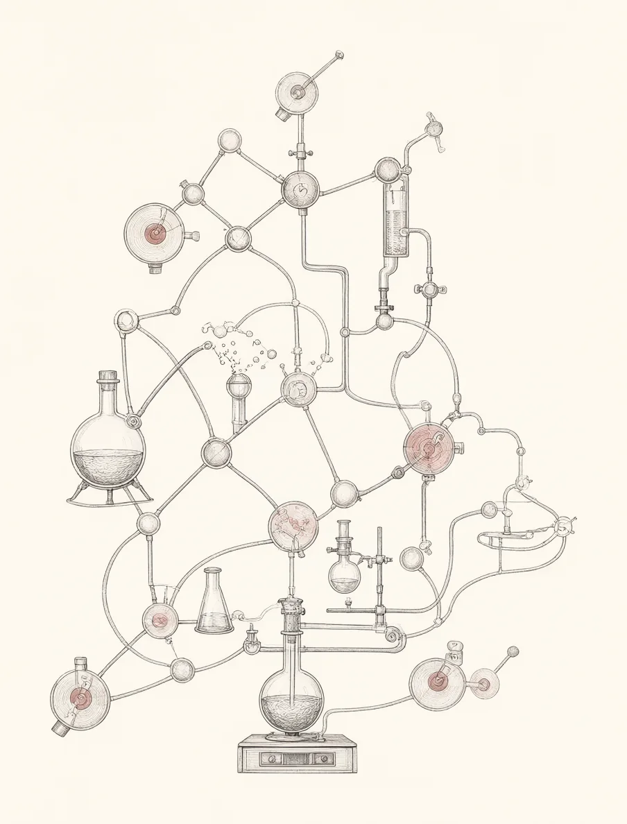 数字工厂示意图：一组相互连接的仪器与管道，Qwen·Image 生成